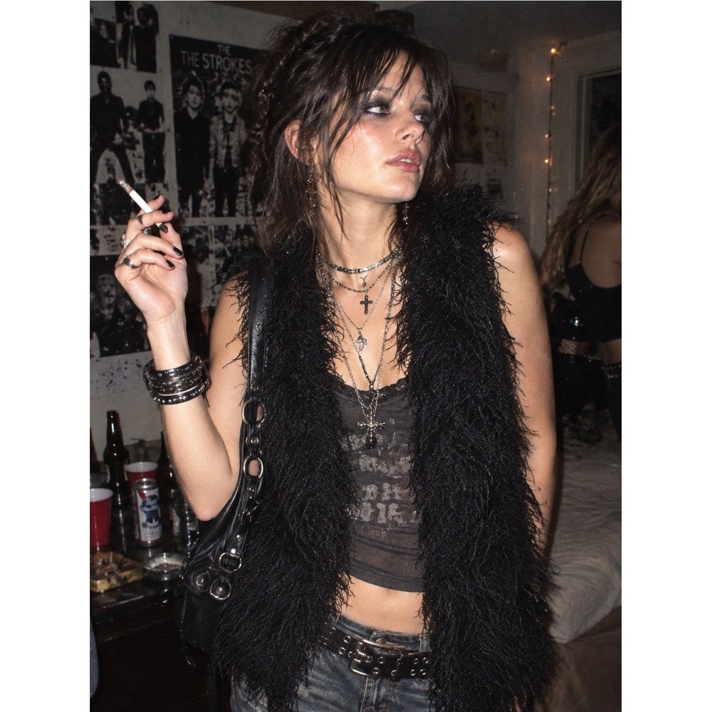 Indie Sleaze Faux Fur Vest Women S Black Shaggy Edgy Emo Grunge Whimsigoth Chic